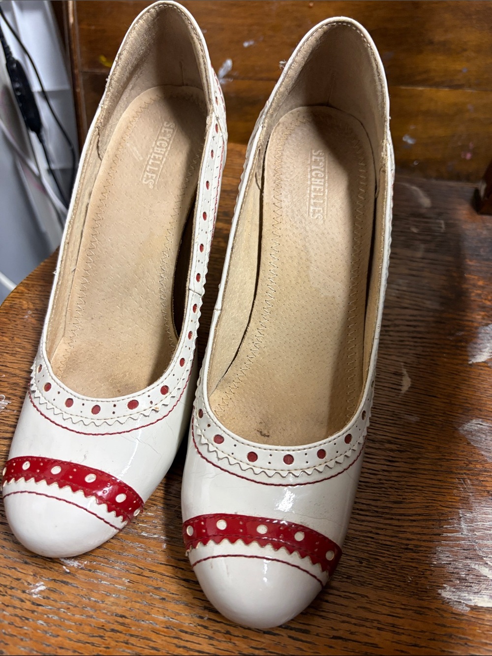 Seychelles Cream Pumps with Red Trim